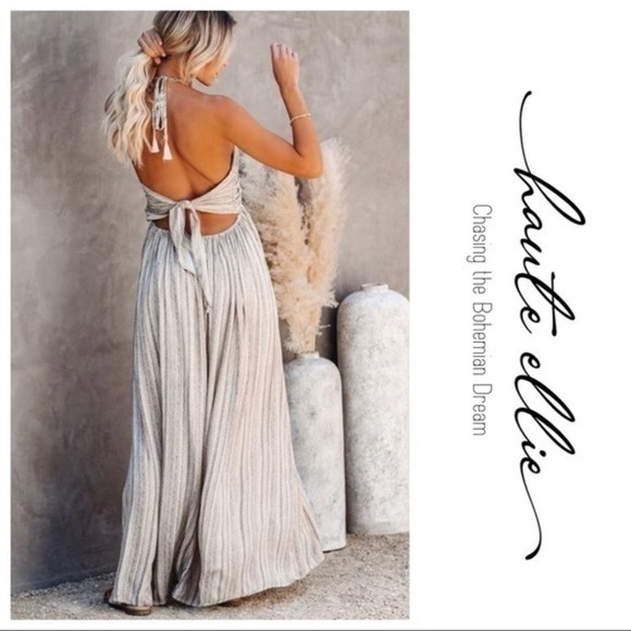 Rough Life-Gray Ivory Boho Halter Raw Edge Maxi Dress - Picture 6 of 13